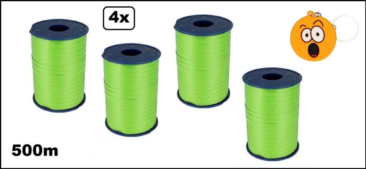 4x Krullint licht groen 5mmx500meter + sleutelhanger smiley| merk Cotton blue |krullint | krul lint kerst thema feest decoratie kado krul lint.