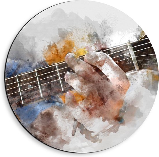 Dibond Wandcirkel - Waterverftekening van Hand op Gitaar - 40x40cm Foto op Aluminium Wandcirkel (met ophangsysteem)