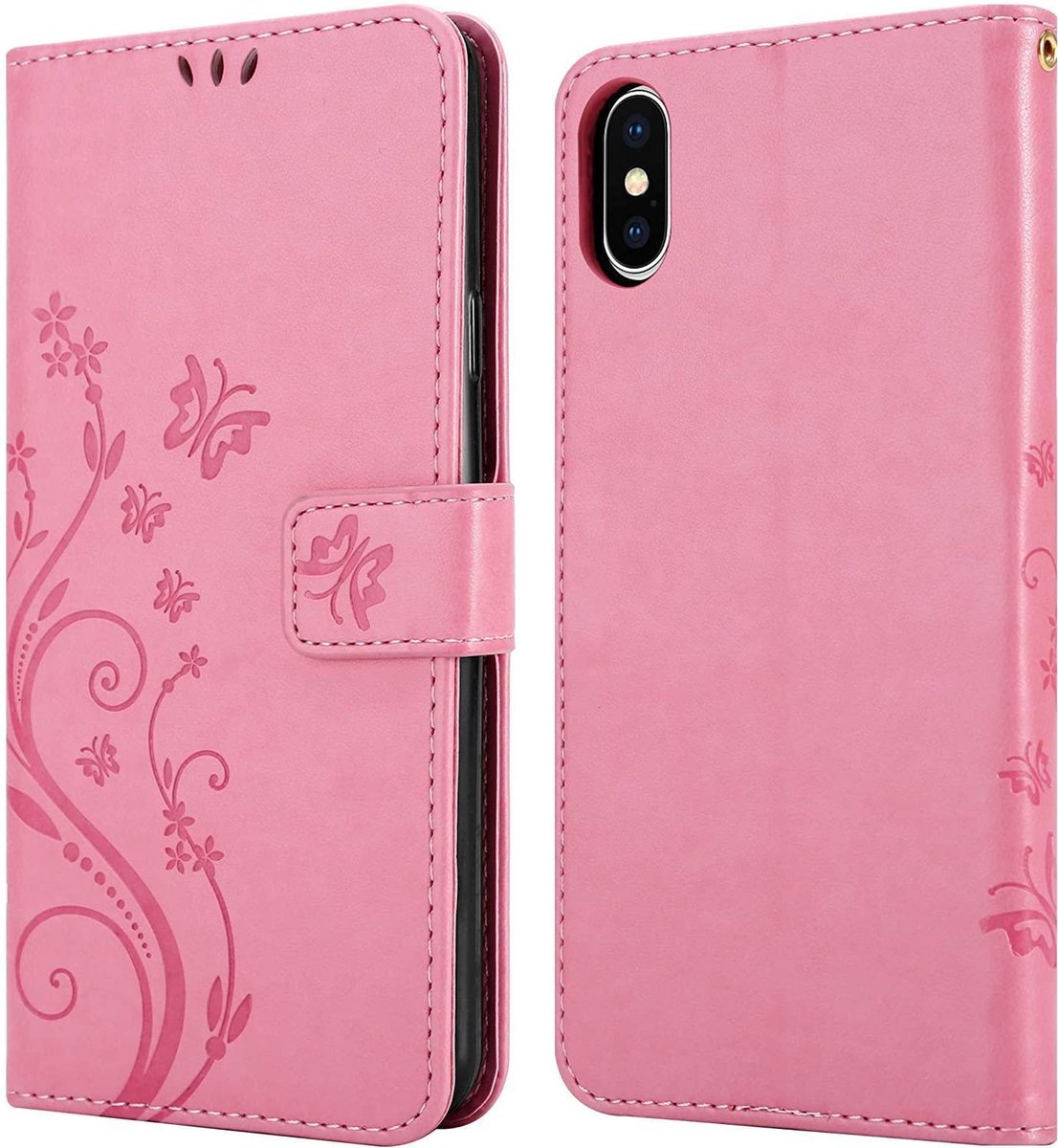 Geschikt voor Apple iPhone X - XS Bookcase - Roze - Bloemen - Portemonnee Hoesje