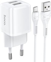 HOCO N8 Briar - Compacte 2-Poort USB Oplader - EU Plug - Universele 10W Lader + USB naar Micro-USB Kabel - Voor Android Smartphones - Wit