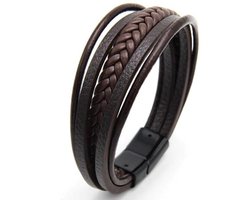 Armband Heren - Bruin Leer met Zwarte Sluiting - Leren Armbanden - Vaderdag Cadeau Geschenk - Mannen Cadeautjes Accesoires