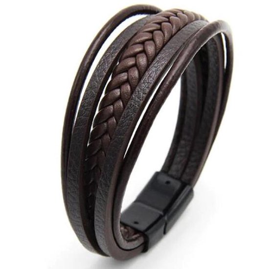Armband Heren - Bruin Leer met Zwarte Sluiting - Leren Armbanden - Vaderdag Cadeau Geschenk - Mannen Cadeautjes Accesoires