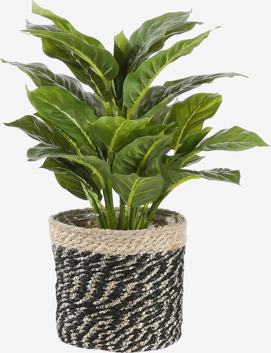 Kunstplant met donkergroene bladeren met lichte nerven, in een rieten pot met zwart-wit zigzagpatroon.