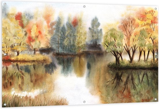 Tuinposter – Schilderij van Water omringd door Bomen - 150x100cm Foto op Tuinposter  (wanddecoratie voor buiten en binnen)