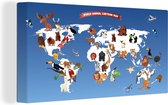 Canvas Wereldkaart - 30x20 - Wanddecoratie Wereldkaart Kinderen - Dieren - Aarde