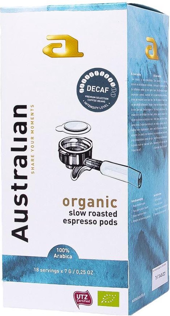 Australian Espresso Pods decaf -4 x 18 stuks- UTZ Organic- NL-BIO-01