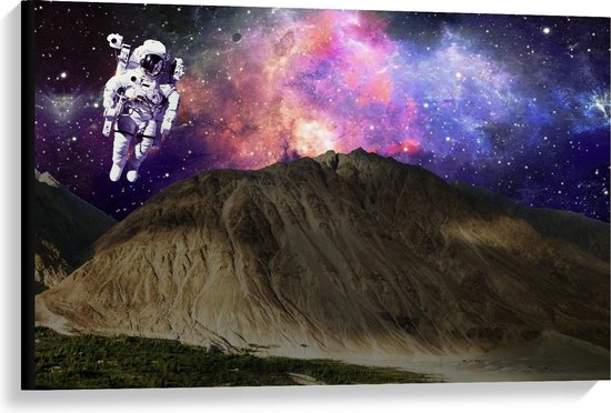 Canvas  - Astronaut boven Rotsen met Galaxy Lucht - 90x60cm Foto op Canvas Schilderij (Wanddecoratie op Canvas)