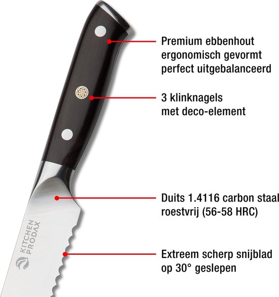 KitchenProdax Broodmes 229 mm - RVS Carbon German Steel - Premium Ebbenhout Handvat - Met Luxe Opbergdoos - Gesmeed uit één Stuk - Gekarteld Mes - Cadeautip - KitchenProdax