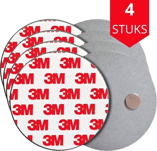 Vier ronde schijven met 3M logo's en zilverkleurige magnetische zijde, met rode sticker '4 STUKS'.