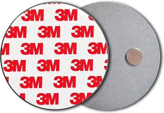 Twee ronde schijven naast elkaar: één met witte beschermfolie met rode 3M logo's, de ander met zilverkleurig metaal en een magneetje.