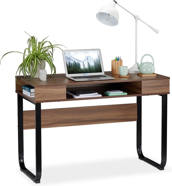 Relaxdays bureau - 3 open vakken - computertafel 74,5 x 110 x 55 cm - modern laptopbureau - Hout / zwart