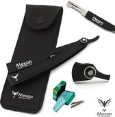 Maxon Shavette Barbiermes Open Scheermes - Matzwart RVS - incl. Leren Etui & 5x2 Derby Scheermesjes