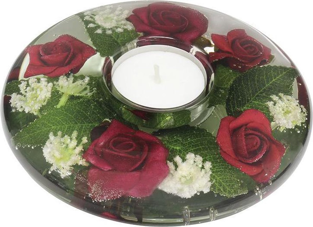 waxinelichthouder met rode bloemen - 4x11 cm handgemaakte glazen waxinelicht houder - sfeervolle windlicht decoratie