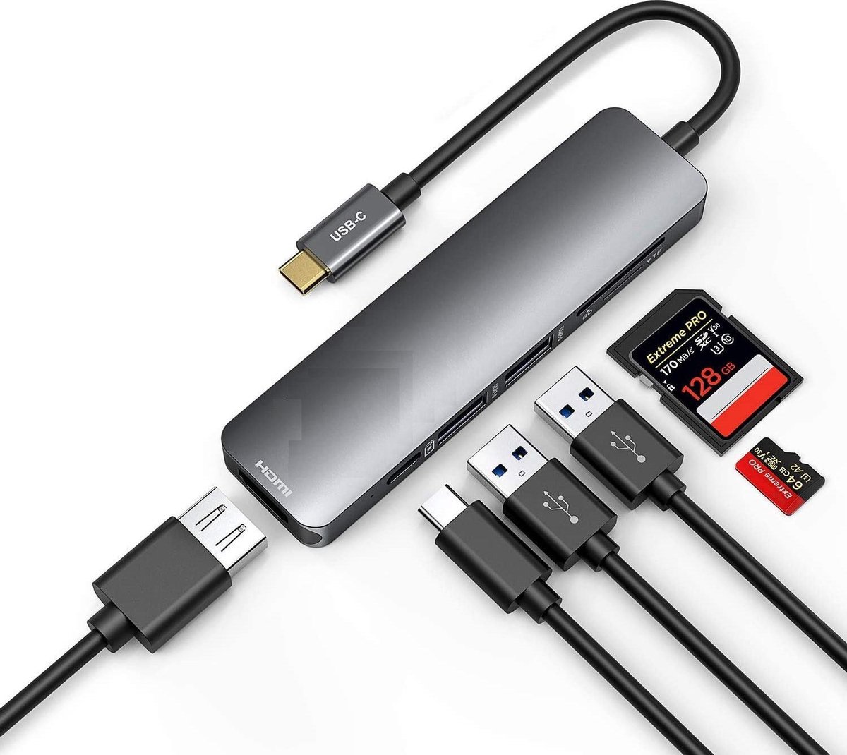 6 in 1 - Aluminium USB C Hub - USB-C Adapter Hub - 4K HDMI - Thunderbolt 3 - Type C Hub SD/Micro SD - Lezer Type C Poort Voor o.a. Apple Macbook / Macbook Pro 2016 / 2017 / 2018 - Space Grey - Phreeze