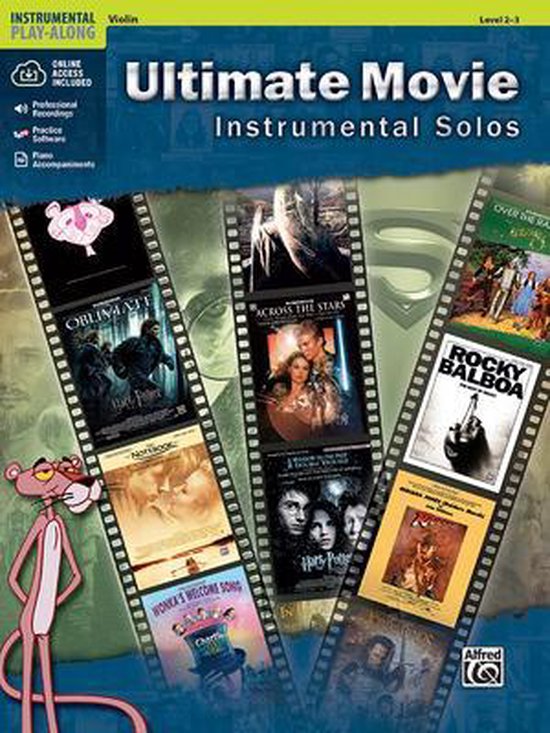 Vioolbladmuziek met filmcovers zoals Harry Potter, Across the Stars en Rocky Balboa. De Pink Panther is links afgebeeld.