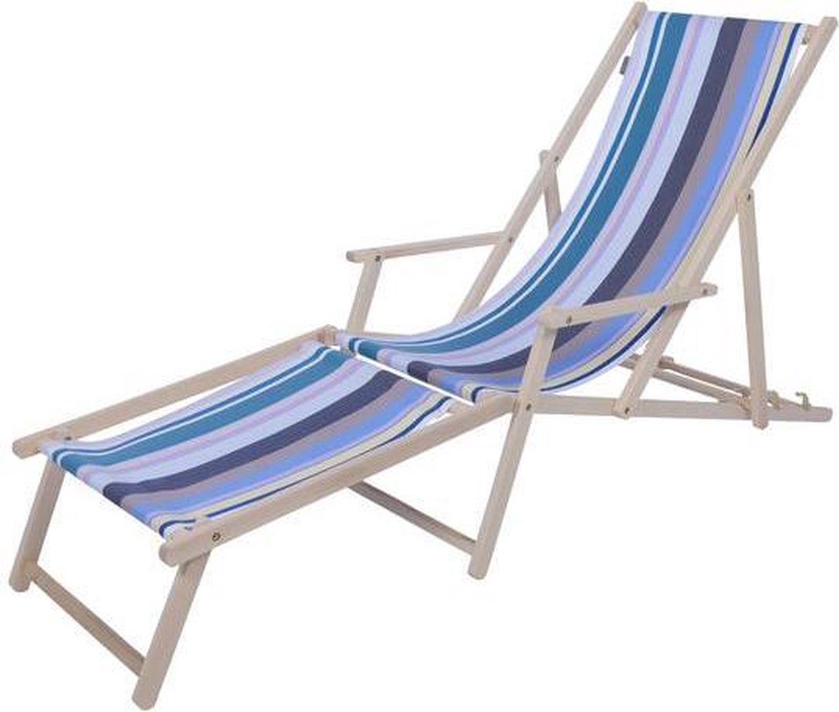 Kleurmeester.nl - Strandstoel met voetsteun Heure Bleue - Opklapbaar - Beukenhout - Outdoor stof | Blauw / Groen / Paars Gestreept