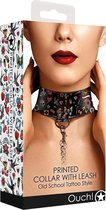 Printed Collar With Leash - Old School Tattoo Style - Black