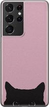 Samsung Galaxy S21 Ultra siliconen hoesje - Zwarte kat - Soft Case Telefoonhoesje - Roze - Print