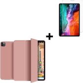 Geschikt voor iPad Pro 11 2021 Hoesje - iPad Pro 11 2021 Screenprotector - 11 inch -Tri fold book case hoesje TPU Back Cover met stand Rose Goud + Tempered Glass
