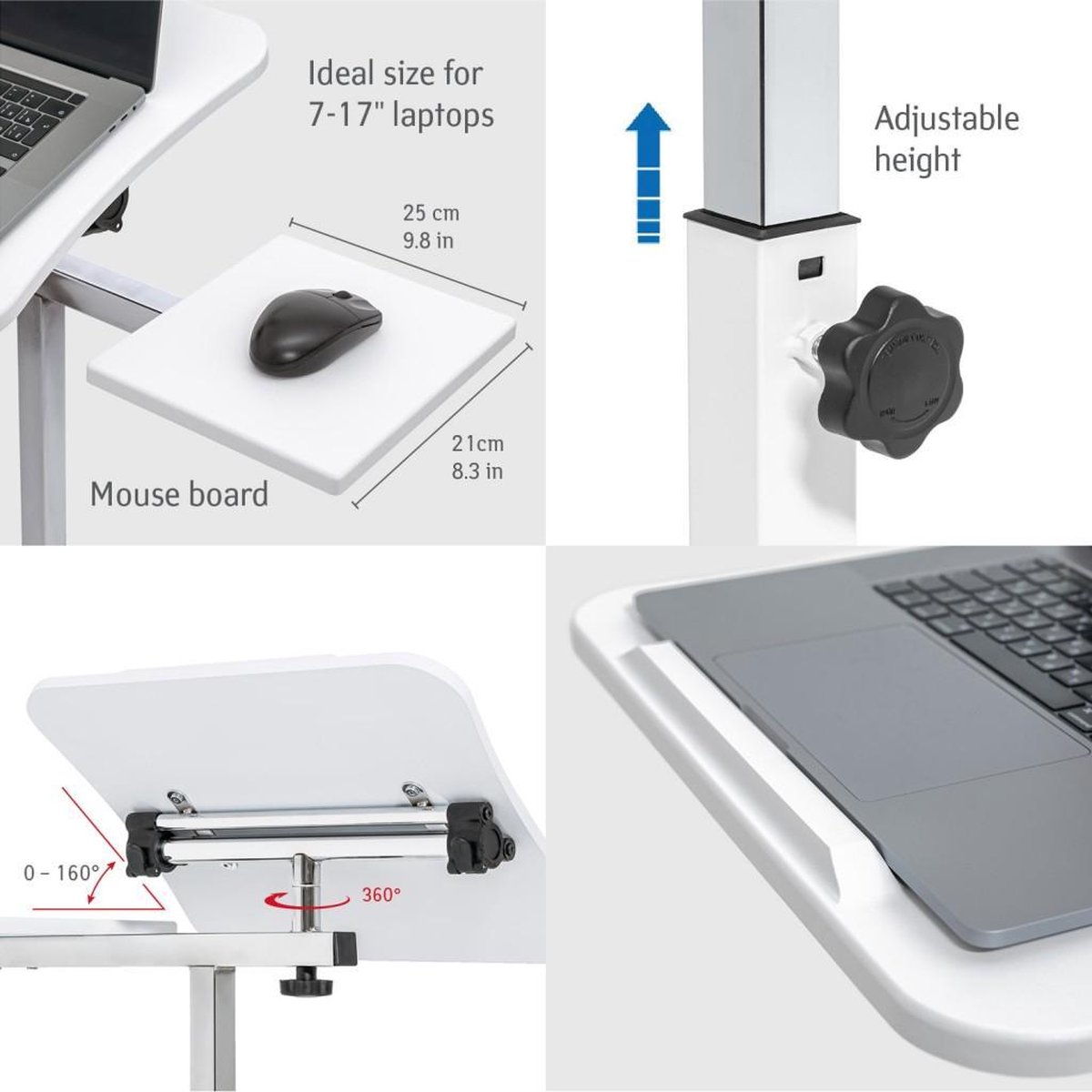 Kantelbare laptoptafel op wielen wit, verstelbaar 72-110cm, muisplank, geschikt voor 7-17 inch laptops - Afbeelding 2
