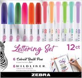 Zebra Lettering Set met 6 Mildliners  en 6 Zebra Super Fine  Funwari Brush Pennen,  Set van 12 verpakt in een Luxe Zipperbag
