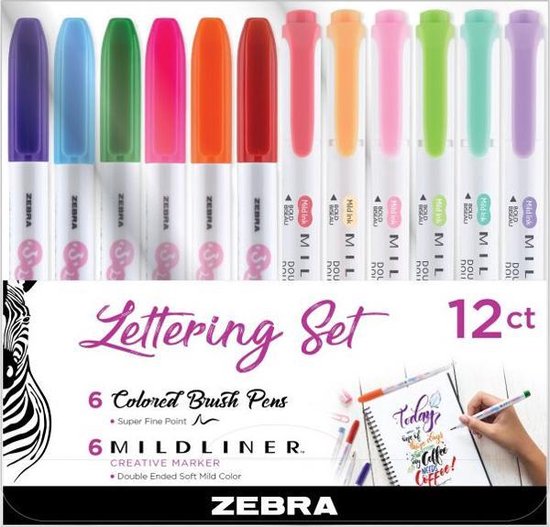 Zebra Lettering Set met 6 Mildliners en 6 Zebra Super Fine Funwari