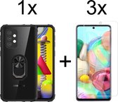 Samsung A72 Hoesje - Samsung Galaxy A72 hoesje Kickstand Ring shock proof case transparant zwarte randen armor magneet - 3x Samsung A72 Screenprotector