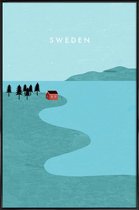 JUNIQE - Poster met kunststof lijst Zweden - retro -13x18 /Blauw