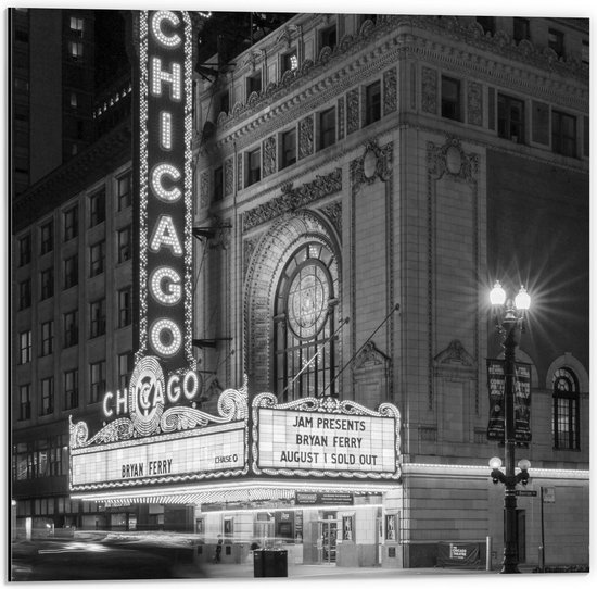 Dibond - Chicago Theatre (zwart/wit) - 50x50cm Foto op Aluminium (Met Ophangsysteem)