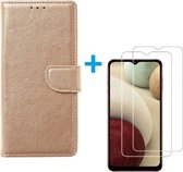 Samsung Galaxy A12 - Bookcase Goud - portemonee hoesje met 2 stuks Glas Screen protector