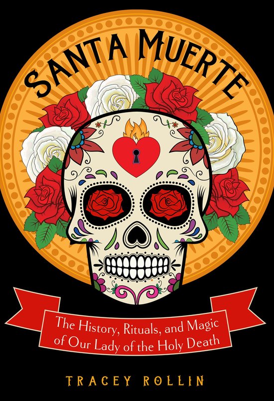 Een Día de Muertos schedel met rode en witte rozen, met de tekst "SANTA MUERTE".