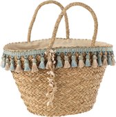 J-line Strandtas Kwastjes Blauw/Beige Riet Naturel