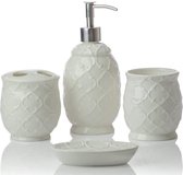 4-delige keramische bad accessoireset | Inclusief vloeistof zeep of lotiondispenser met tandenborstelhouder, tuimelaar, zeepbakje | Marokkaanse Trellis | Contour wit - houdt 461ml.
