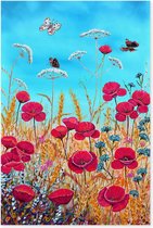 Graphic Message - Schilderij op Canvas - Bloemen met Vlinders en Klaprozen - Woonkamer - Turquoise