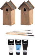 2x stuks houten vogelhuisjes/nestkastjes 22 cm - in het zwart/wit/lichtblauw - DHZ schilderen pakket + 3x tubes verf en kwasten