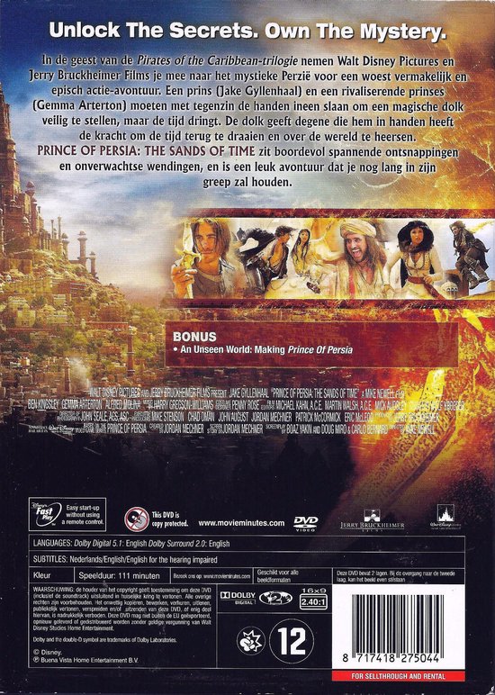 Achterkant van de "Prince of Persia: The Sands of Time" DVD-hoes met filminformatie en afbeeldingen.