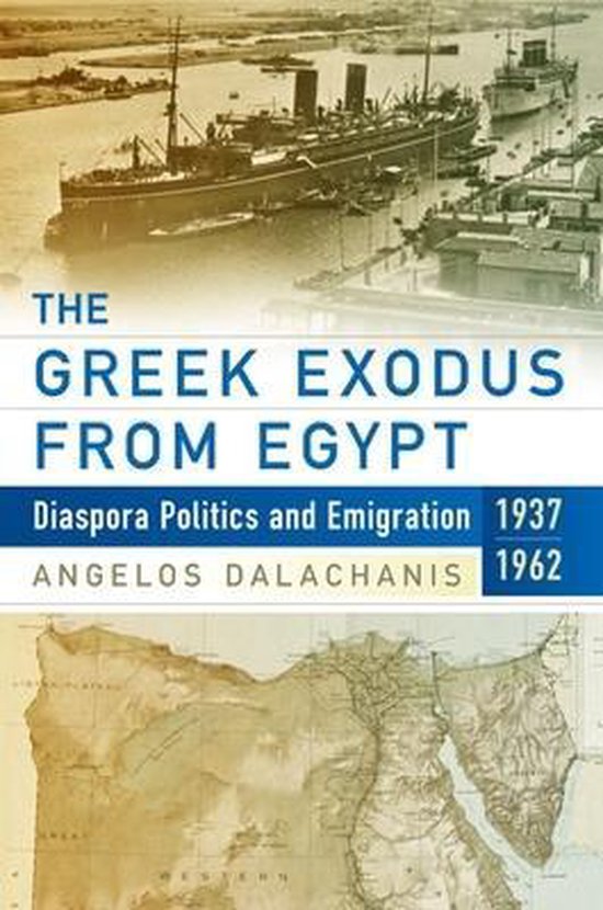 Boekomslag van 'The Greek Exodus from Egypt' met een schip en een kaart van Egypte.