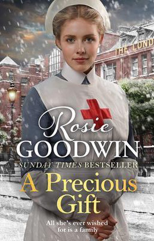 Een verpleegster in een wit uniform met een rood kruis op haar kraag, buiten in de sneeuw voor een ziekenhuis. Titel 'A Precious Gift'.