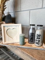 Decoratie-set houten dienblad (smal) / glazen fles met badzout en showergel / kaars / Fotolijstje wit (hartje) /moederdag / moederdag cadeautje / mama / verjaardag / cadeau / geschenkset