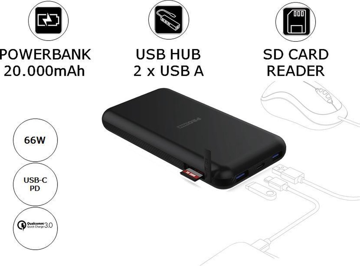 Pro-User - USB Power Hub - Powerbank - 20.000mAh - 3-in-1 - SD Card Reader - Quickcharge 3.0 - PowerDelivery + Travel Case