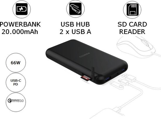 Pro-User - Hub USB - Powerbank - 20 000mAh - - 3-en-1 - Lecteur de carte SD  -... | bol.com