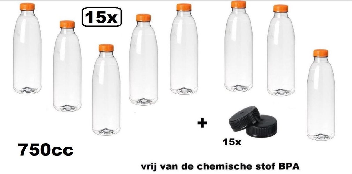 15x Flesje helder 750cc met oranje dop + 15 zwarte doppen - drink fles vruchten sap limonade drank