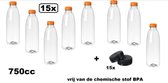 15x Flesje PET helder 750cc met oranje dop + 15 zwarte doppen - drink fles vruchten sap limonade drank