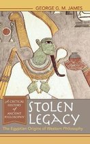 Boekcover met Egyptische afbeelding van een groene figuur met witte kleding en hoed. Titel: Stolen Legacy. George G. M. James.