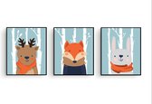 Affiche set 3 cerf Fox Lapin avec écharpe dans la forêt - Enfants Chambre - Animaux Poster - Chambre de bébé / Enfants Poster - baby shower cadeaux - Décoration Décoration murale - 30x21cm / A4 - Postercity
