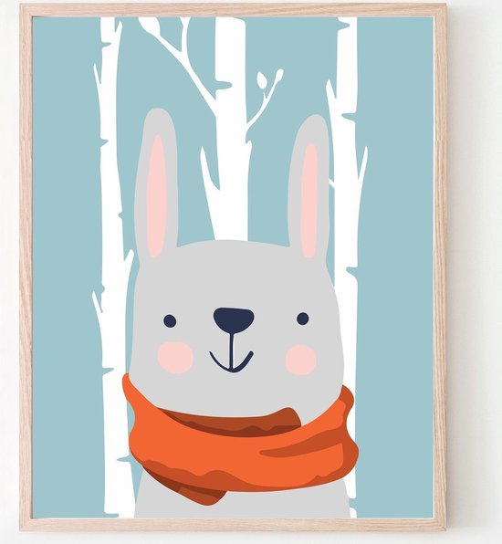 Postercity - Affiche en toile Design Lapin avec écharpe en forêt - Chambre d'enfants - Affiche d' Animaux - Chambre de bébé / Affiche d'enfants - Cadeau de naissance - Décoration murale - 50 x 40 cm