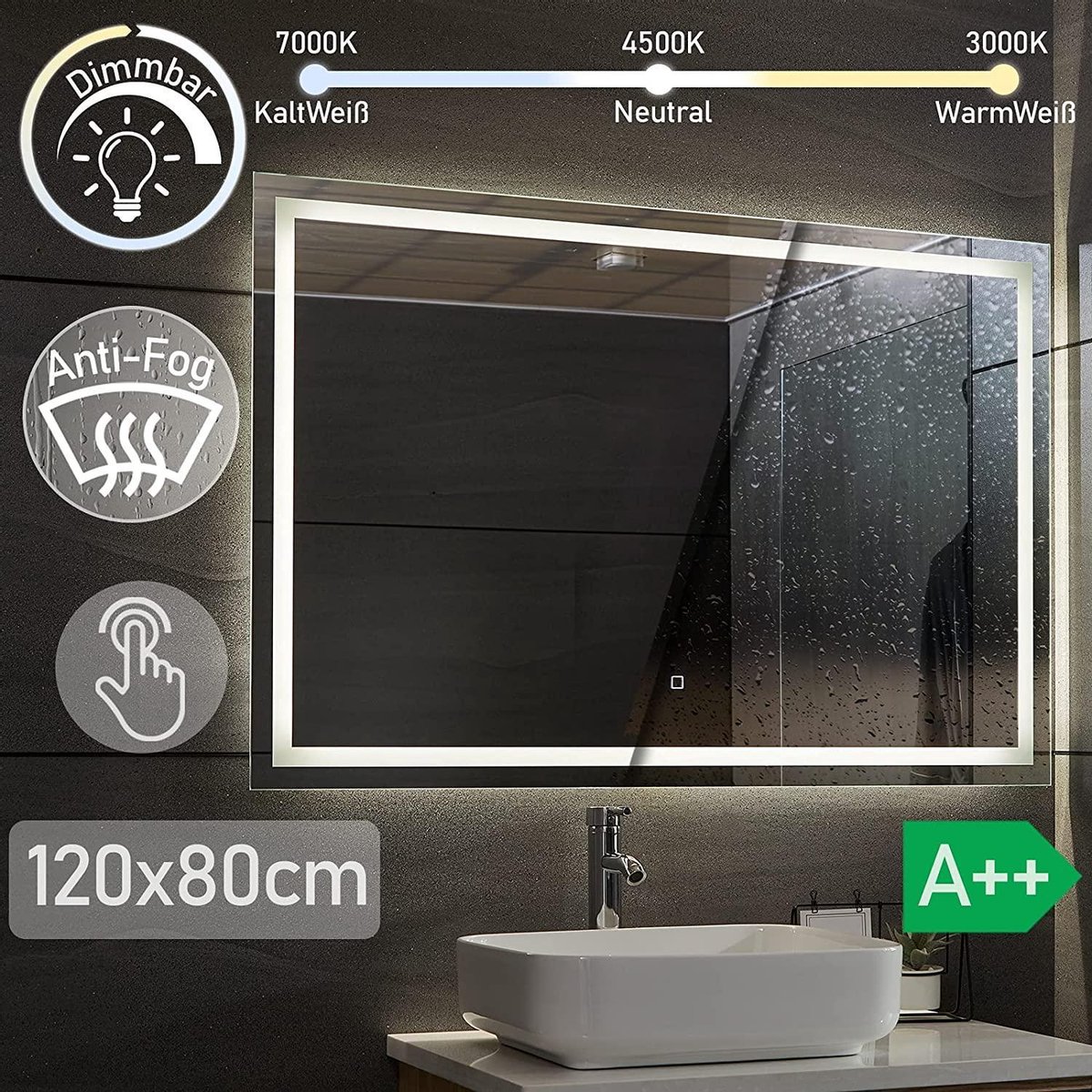 Miroir de salle de bain LED 120x80 cm dimmable, fonction anti-buée | bol