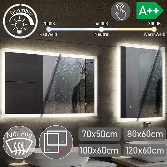 LED Badkamer spiegel 80x60 cm, horizontaal of verticaal te plaatsen, dimbaar