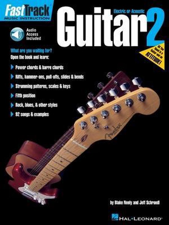Boek "Fast Track Electric or Acoustic Guitar 2" met een close-up van de hals van een gitaar.