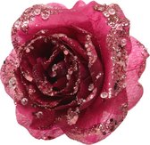 3x stuks decoratie bloemen roos framboos roze (magnolia) glitter op clip 14 cm - Decoratiebloemen/kerstboomversiering